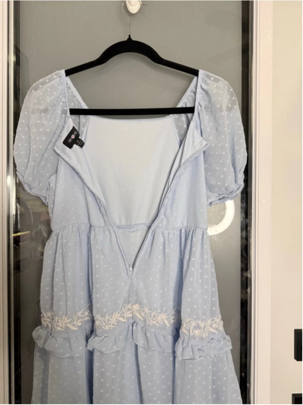 AMY BYER Light Blue Polka Dot Mini Dress with White Embroidery, Size 14